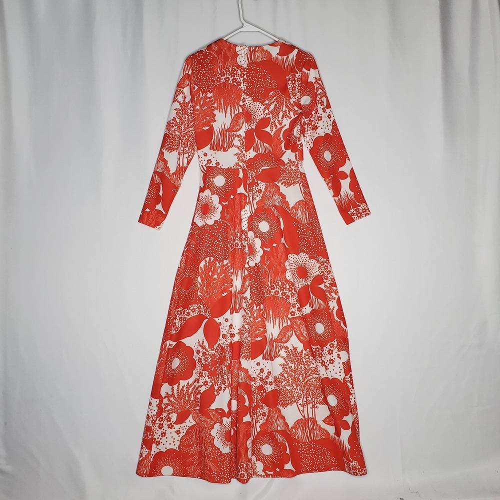 True Vintage Maxi Dress XS 60s 70s Hippie Floral Red Floral Knit Twist V-Neck